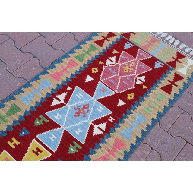 1980s 1980s Southwestern Style Hand Knotted Geometric Design Oushak Kilim Runner Rug For Sale - Image 5 of 10