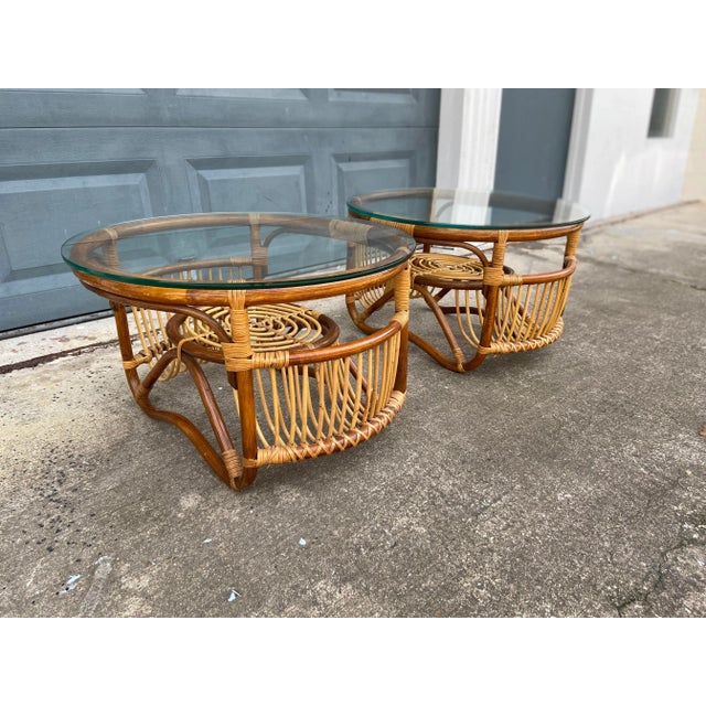 Pair of Bamboo + Rattan Side Tables in the Style of Franco Albini. This pair is amazing and the perfect find if you're...