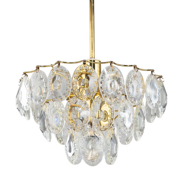 German Gold-Plated Chandelier with Faceted Oval Crystals attributed to Kinkeldey, 1960s For Sale