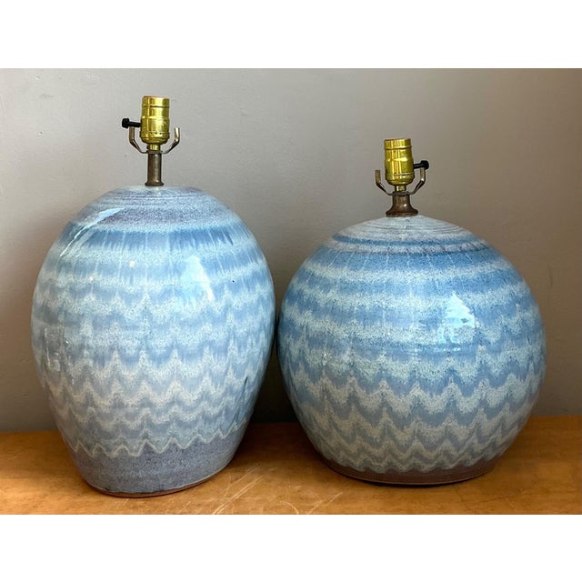 Mid 20th Century Vintage Blue Glazed Ceramic Table Lamps - Set of 2 For Sale - Image 5 of 18