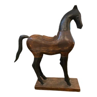 1980s Cottage Core Handcrafted Wood and Metal Standing Horse on Wood Stand For Sale