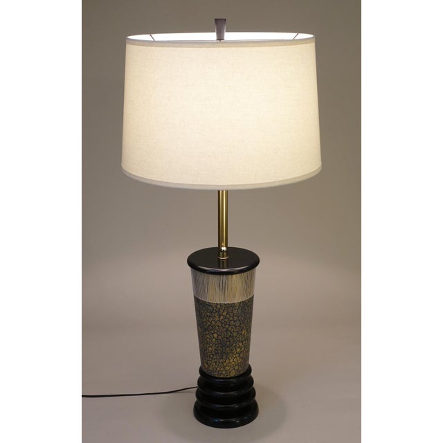 1950s Marbro Atomic Modern Charleton Hand Painted Art Glass Brass Wood Table Lamp One-of-a-Kind Sublime Condition For Sale - Image 9 of 12