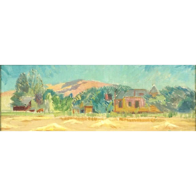 Mid Century Original Oil Impressionist Painting - The Farm House Wonderful impressionist oil painting of field of hay...