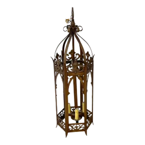 Early 20th Century Large Patinated Gothic Style Hexagonal Lantern, Rewired