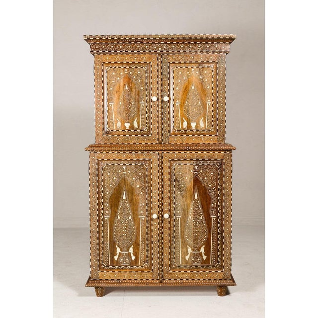 English Anglo Style Buffet à Deux-Corps with Floral and Bird Bone Inlay For Sale - Image 3 of 12