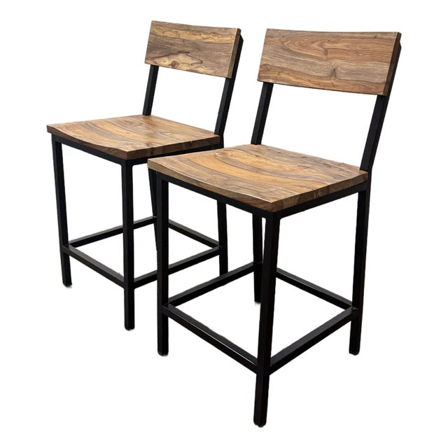 Industrial Acacia Wood + Metal Barstools, Pair For Sale