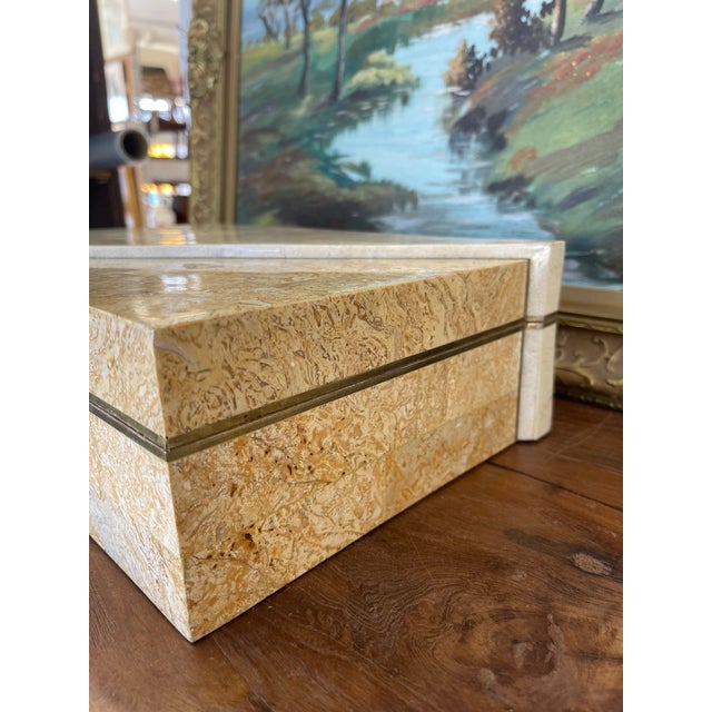 Vintage Possibly Tessellated Stone and Brass Toned Inlay Jewelry or Keepsake Box With Velvet-Like Interior. For Sale In Seattle - Image 6 of 10