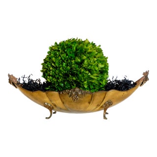 Large Antique English Hammered Brass Jardiniere With Preserved Boxwood For Sale