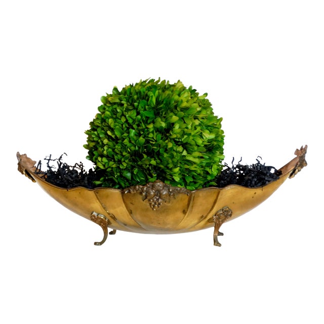 Large Antique English Hammered Brass Jardiniere With Preserved Boxwood For Sale