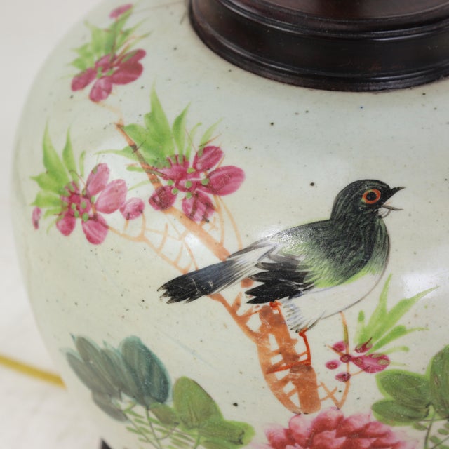 Famille Rose Antique Porcelain Vase Lamp With Bird and Peony Motif on Wood Base For Sale - Image 9 of 17