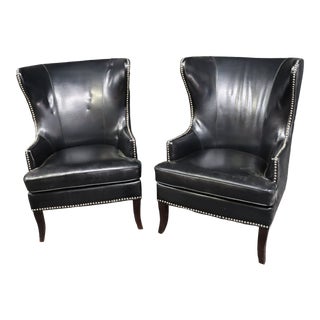 Contemporary Black Leather Wing Chairs - a Pair For Sale