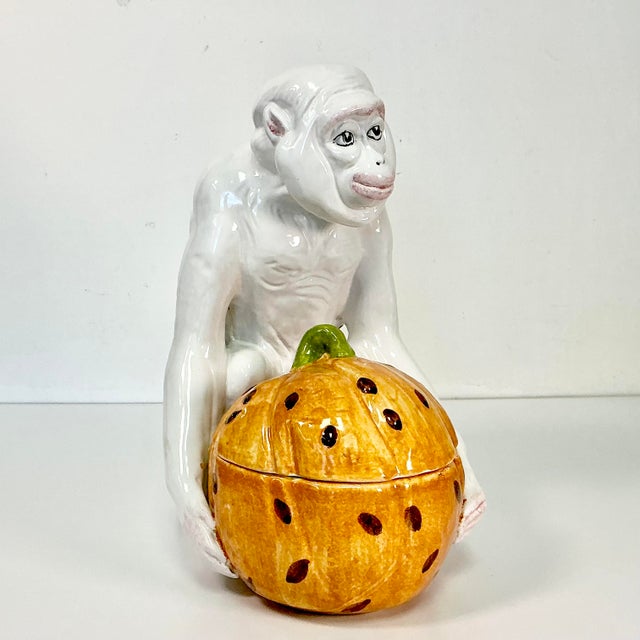 Chinoiserie 1950s Vintage Majolica Chinoiserie Hollywood Regency Figural Monkey With Pumpkin After Chelsea House, Halloween & Thanksgiving For Sale - Image 3 of 18