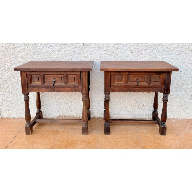 Rustic Mid-Century Spanish Wood Bedside Tables with Paneled Drawers, 1960, Set of 2 For Sale - Image 3 of 11