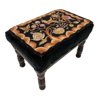 Vintage Needlepoint Floral Motif Folk Art Footstool For Sale