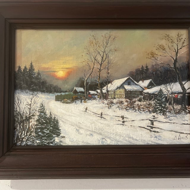 1980s Modern Oil on Canvas Board Framed Signed Siberian Evening by D. Orlov For Sale - Image 4 of 12