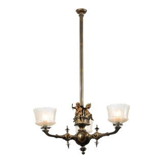 19th Century French Three-Light Bronze and Baccarat Style Chandelier With Cherubs For Sale