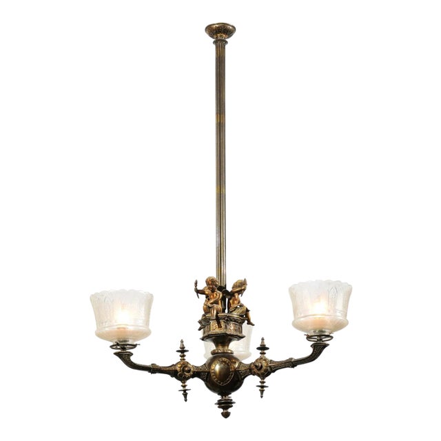 19th Century French Three-Light Bronze and Baccarat Style Chandelier With Cherubs For Sale