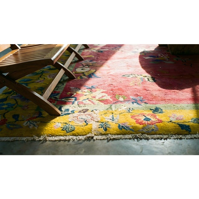 1920s Pink Rose Floral Antique Chinese Art Deco Carpet 9' X 12' Knotted Wool Rug For Sale - Image 13 of 14