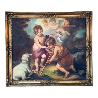 Large Vintage European Religious Oil Painting – Saint John the Baptist, Lamb & Cherubs in Ornate Gilt Frame For Sale