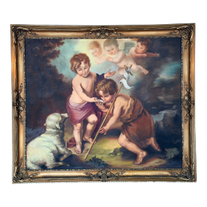 Large Vintage European Religious Oil Painting – Saint John the Baptist, Lamb & Cherubs in Ornate Gilt Frame