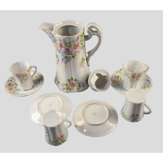 Vintage Nippon Hand-Painted Floral Apple Blossoms Chocolate Tea Set- 9 Pieces For Sale - Image 6 of 7
