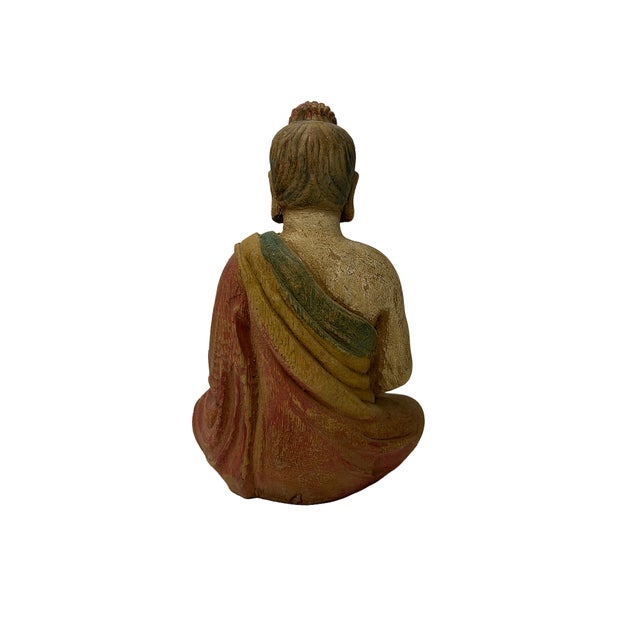 Wood 9" Chinese Meditation Cross Legs Sitting Buddha Wood Statue For Sale - Image 7 of 8