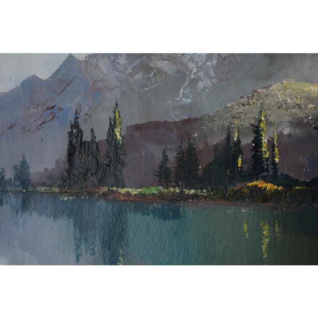 1950s Vintage Snow-Capped Mountains & Lake Landscape Painting For Sale - Image 5 of 14