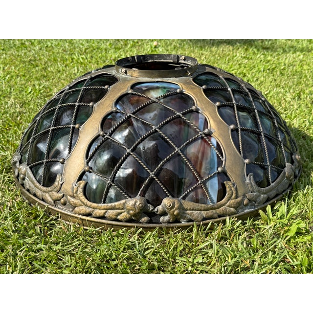1960s Tiffany-Style Iridescent Glass & Bronze Turtleback Tile 26" Shade (Shade Only) For Sale - Image 12 of 18