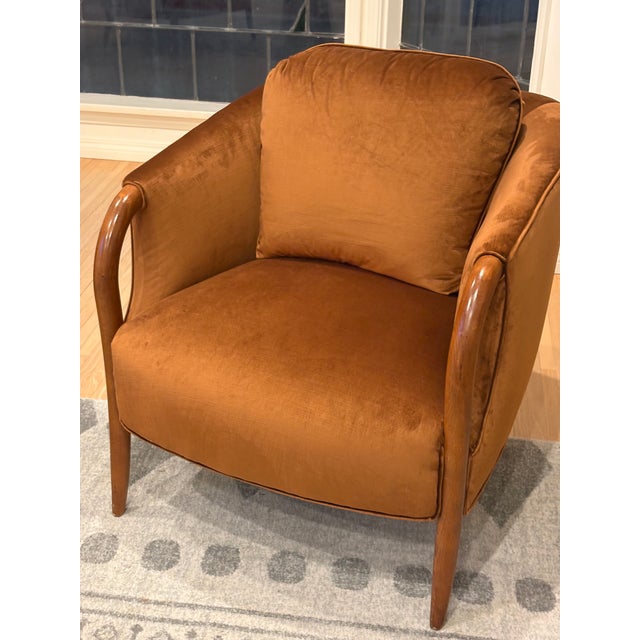 A striking pair of vintage barrel-back (tub-style) armchairs, built on solid oak frames with gracefully curved, exposed...