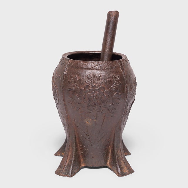 Mid 19th Century Chinese Floral Cast Iron Mortar, C. 1950 For Sale - Image 5 of 8