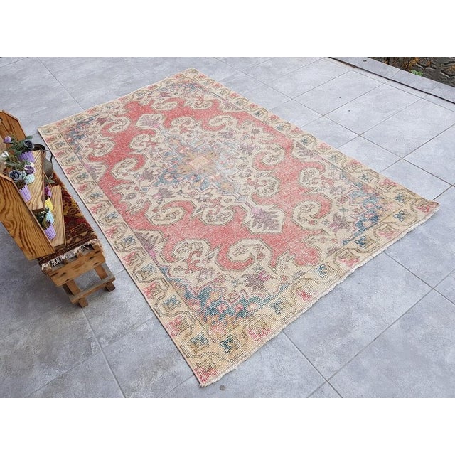 Textile Turkish Nomadic Pastel Wool Aztec Oushak Rug, 1960s For Sale - Image 7 of 8