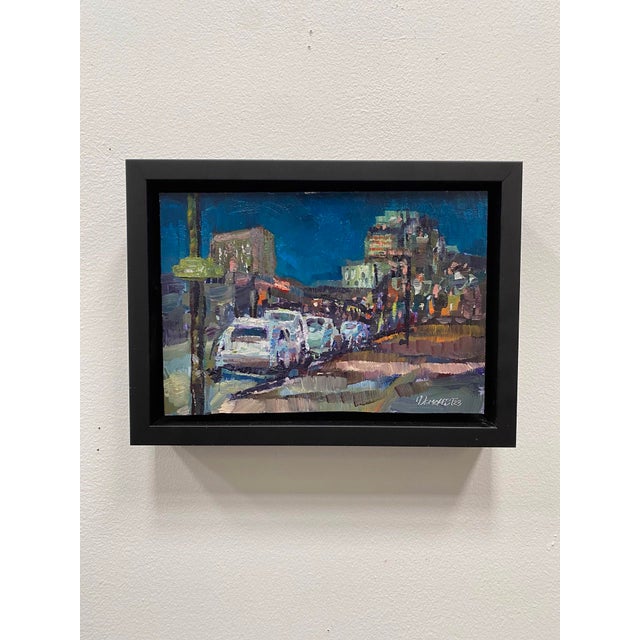 Contemporary 31st and Larimer Nocturne by Delton Demarest | Oil on panel Night scene with cars and buildings. For Sale - Image 3 of 4