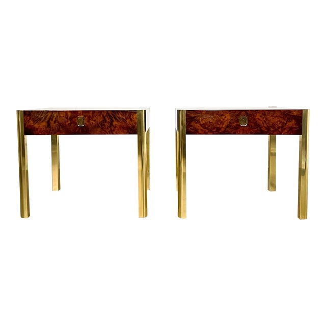 70's Regency Burl and Brass Century Side Tables - A Pair For Sale