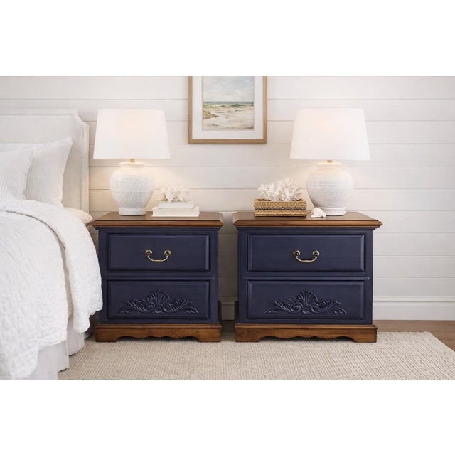 Late 20th Century Pair of Solid Wood Navy Blue Nightstands With Carved Shell Drawer & Walnut Tops For Sale - Image 10 of 12