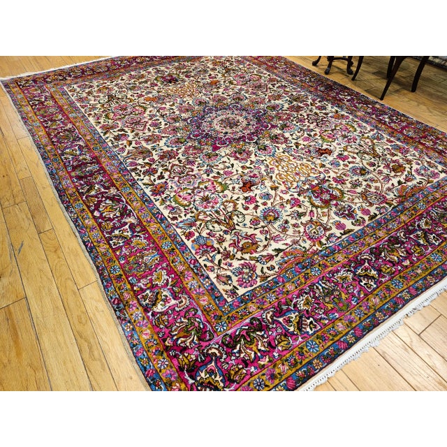 Vintage Persian Kerman Lavar Rug, Handwoven Floral Pattern, Ivory & Crimson, 9’ X 12’ For Sale - Image 9 of 10