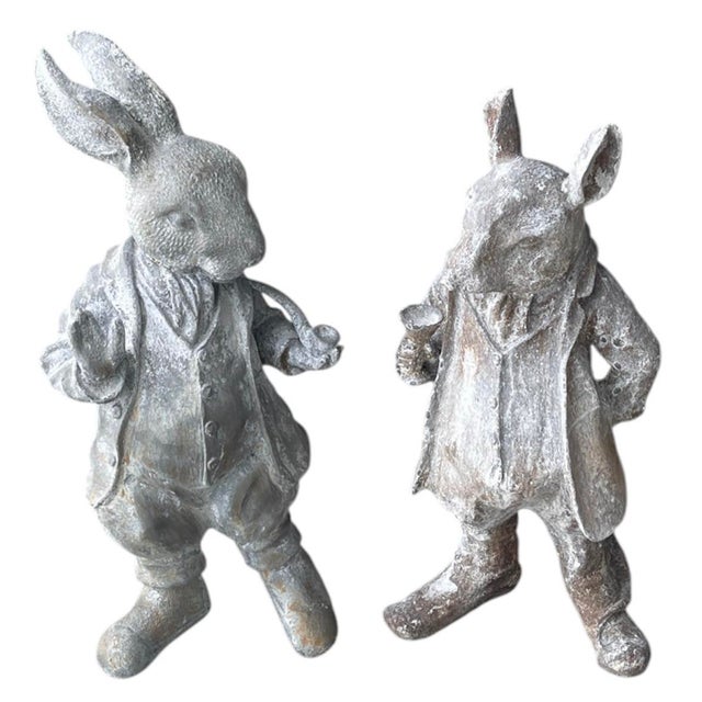A Pair of Vintage Cast Iron Anthropomorphic Hare and Mouse Garden Statues For Sale - Image 4 of 12