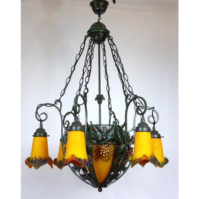 French Wrought Iron Glass Chandelier, 1990s For Sale - Image 4 of 15