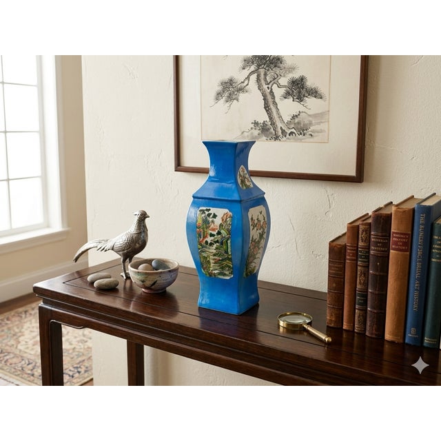 Chinese Bright Blue White Window Scenery Graphic Square Porcelain Vase For Sale - Image 11 of 17