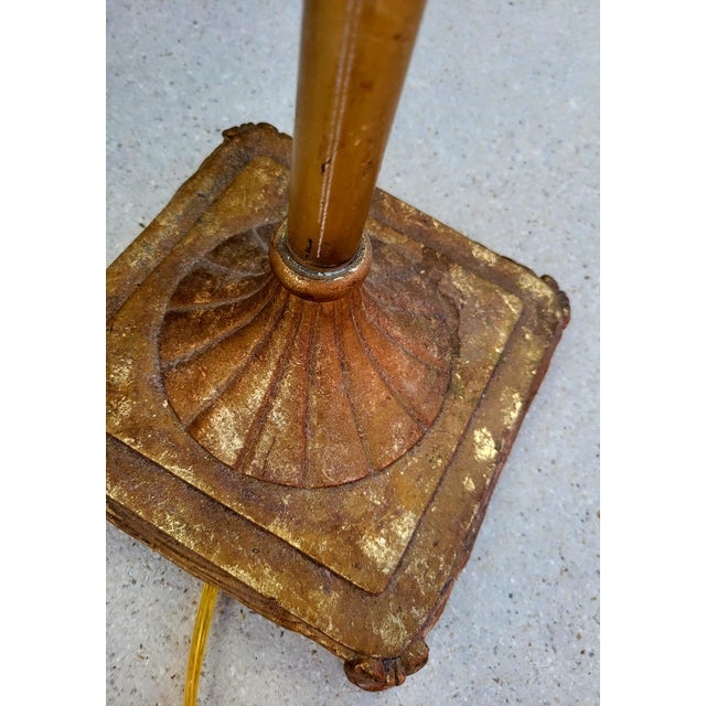 Vintage Fortuny Style Red Tassel Bridge Arm Faux Leather Gold Leaf Floor Lamp For Sale - Image 9 of 11