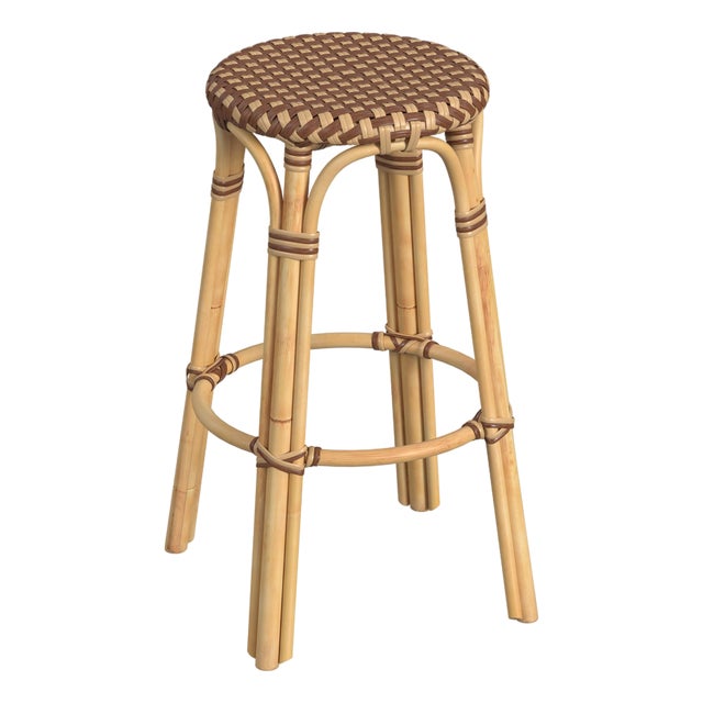 Tobias 30 in. Seat Height Round Rattan Backless Bar Stool, Brown/Tan Dot / Natural Rattan Frame For Sale