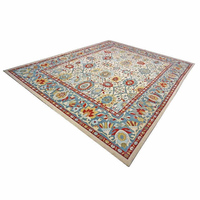 Early 21st Century Afghan Sultanabad Wool 13x16 Ivory, Red & Light Blue Handmade Area Rug #1143763 For Sale - Image 5 of 11