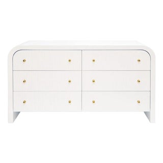 Matthew Izzo Home Valentina Fluted Glossy White Lacquer Waterfall Edge Six Drawer Chest With Polished Brass Knobs For Sale
