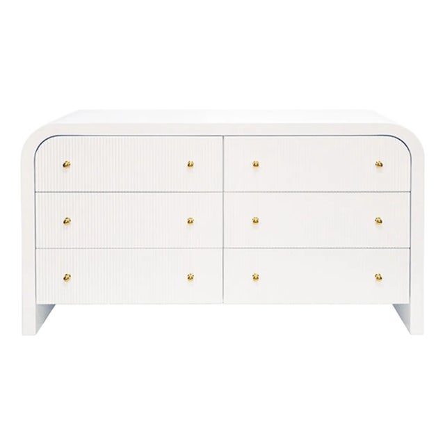Matthew Izzo Home Valentina Fluted Glossy White Lacquer Waterfall Edge Six Drawer Chest With Polished Brass Knobs For Sale