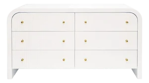 Matthew Izzo Home Valentina Fluted Glossy White Lacquer Waterfall Edge Six Drawer Chest With Polished Brass Knobs