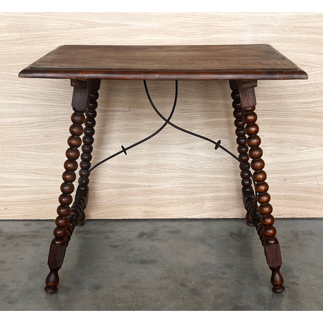 Mid 19th Century 19th Spanish Side Table With Cared Turned Legs and Iron Stretcher For Sale - Image 5 of 11