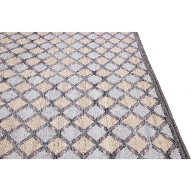 Beige Modern Swedish Style Gray and Beige Handmade Geometric Wool Rug For Sale - Image 8 of 11