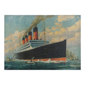 Early 20th Century Maritime Oil Painting of RMS Aquitania in New York Harbor by Frederick Hoertz