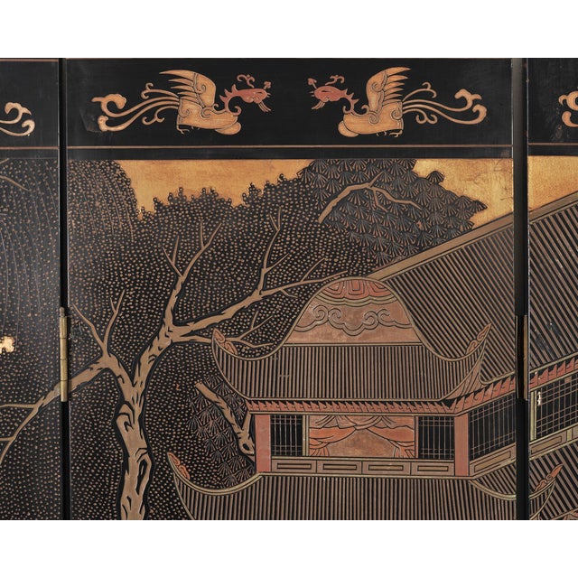 Chinese Export Eight-Panel Coromandel Screen Gilt Pavilion 10 Ft For Sale - Image 11 of 18