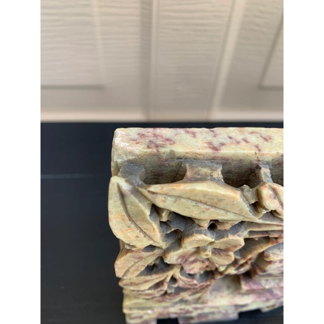 Antique Chinese Art Deco Carved Soapstone Floral Bookends, Pair For Sale - Image 10 of 13
