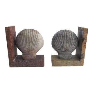 1980sCarved Pink Grey Soap Stone Clam Shell Bookends - a Pair For Sale